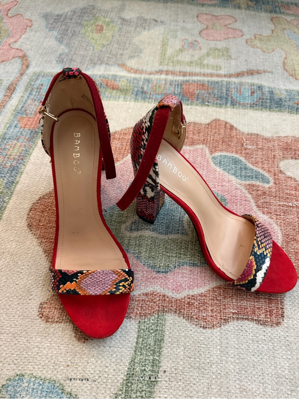 Bamboo Red Snake-Print Block Heel Sandals